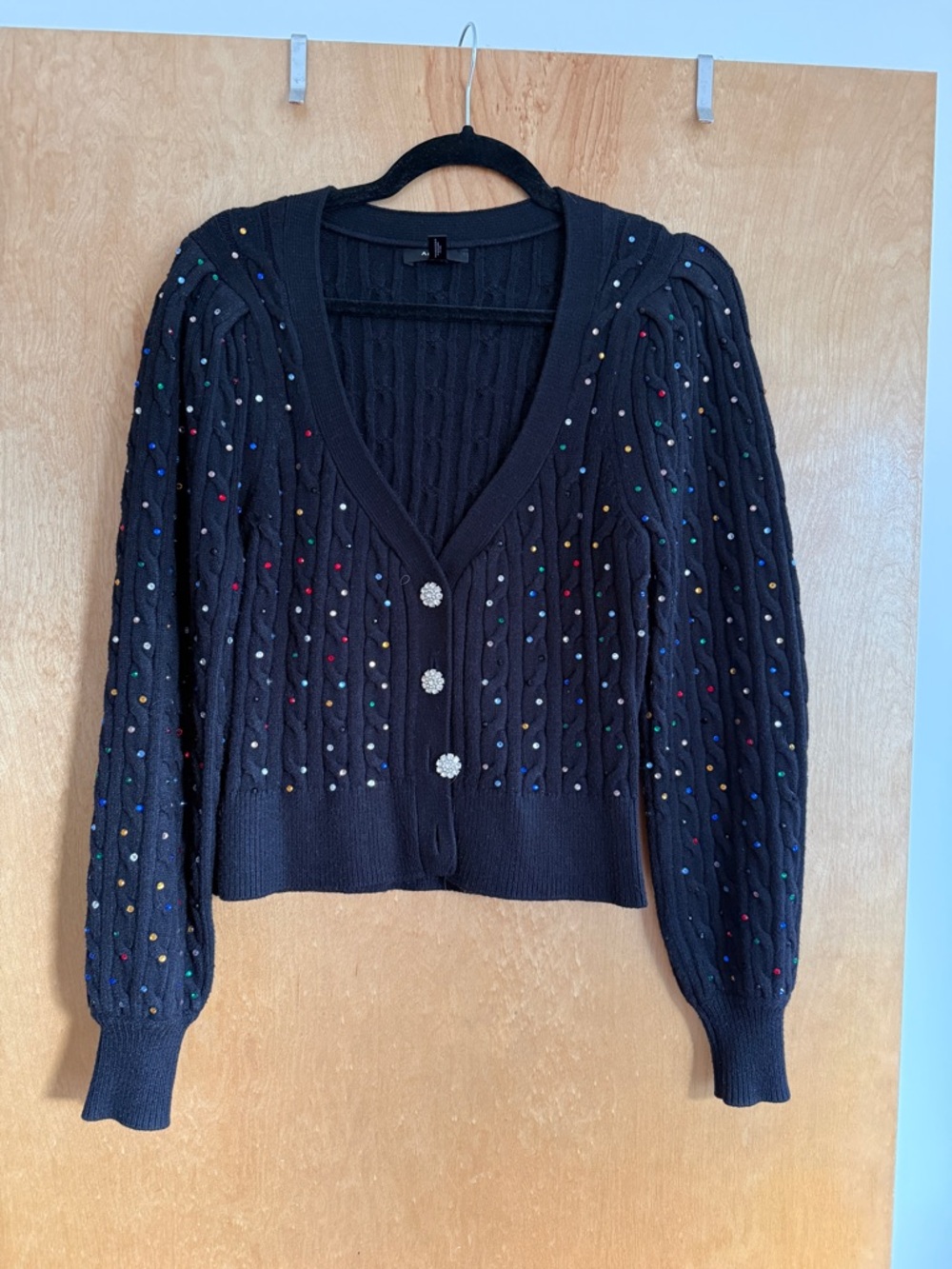 Aqua Black Cable-Knit Cardigan with Multicolor Rhinestone Accents